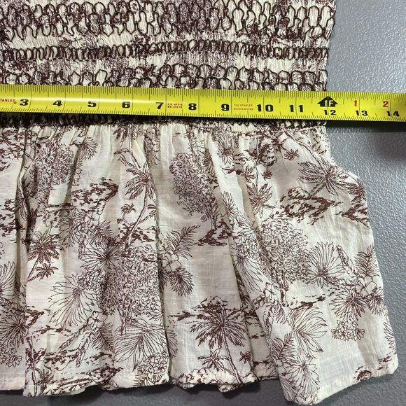 MINE Anthropologie Blouse Smocked Peplum Flutter Sleeve Womens S Cream Brown - Picture 7 of 13